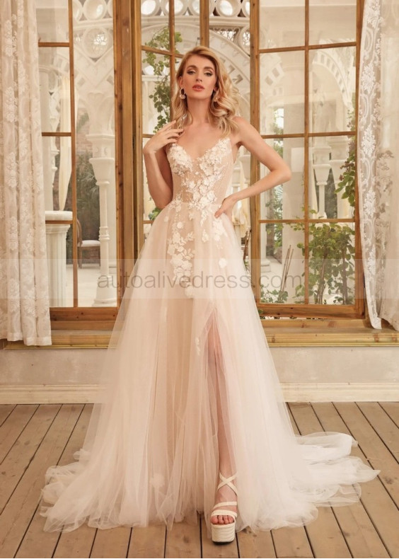 V Neck Beaded Lace Tulle Slit Wedding Dress